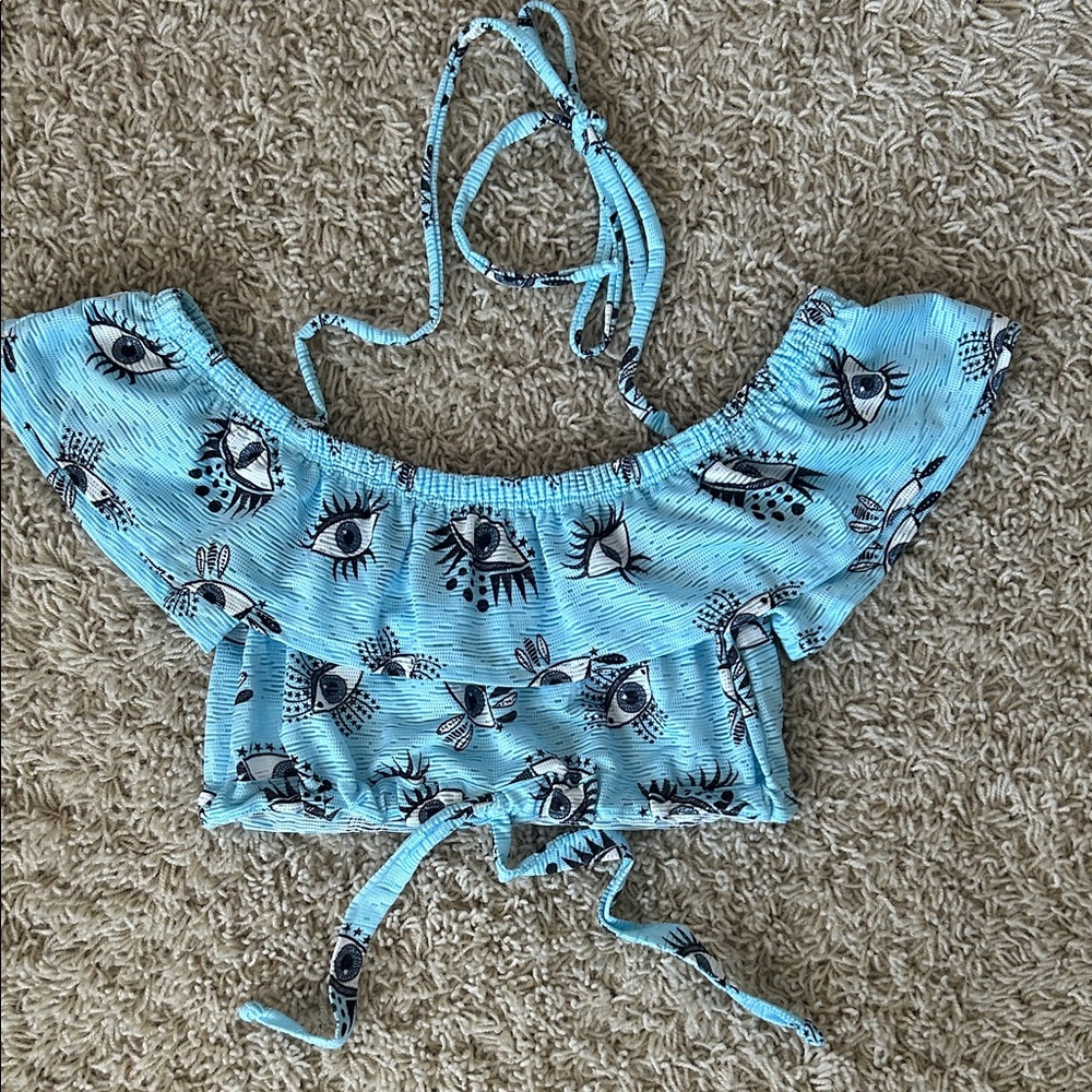 Submarine Swim Blue Eye Print Off-Shoulder Crop Top Swim Cover up Size S